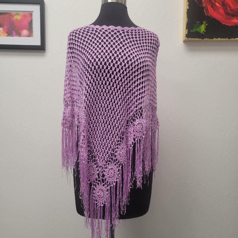 Lavender Crouched Poncho with Fringe and Beads